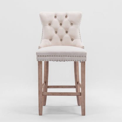 Contemporary Velvet Upholstered Barstools with Button Tufted Decoration and Wooden Legs, and Chrome Nailhead Trim, Leisure Style Bar Chairs,Bar stools, Set of 2 (Beige),SW2002BG - 1st Choice Furniture Direct