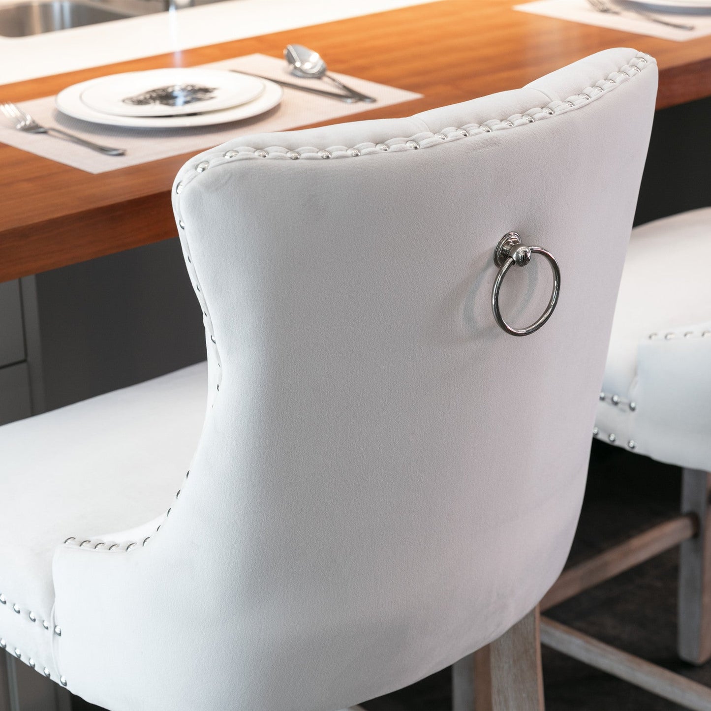 Contemporary Velvet Upholstered Barstools with Button Tufted Decoration and Wooden Legs, and Chrome Nailhead Trim, Leisure Style Bar Chairs,Bar stools, Set of 2 (Beige),SW2002BG - 1st Choice Furniture Direct