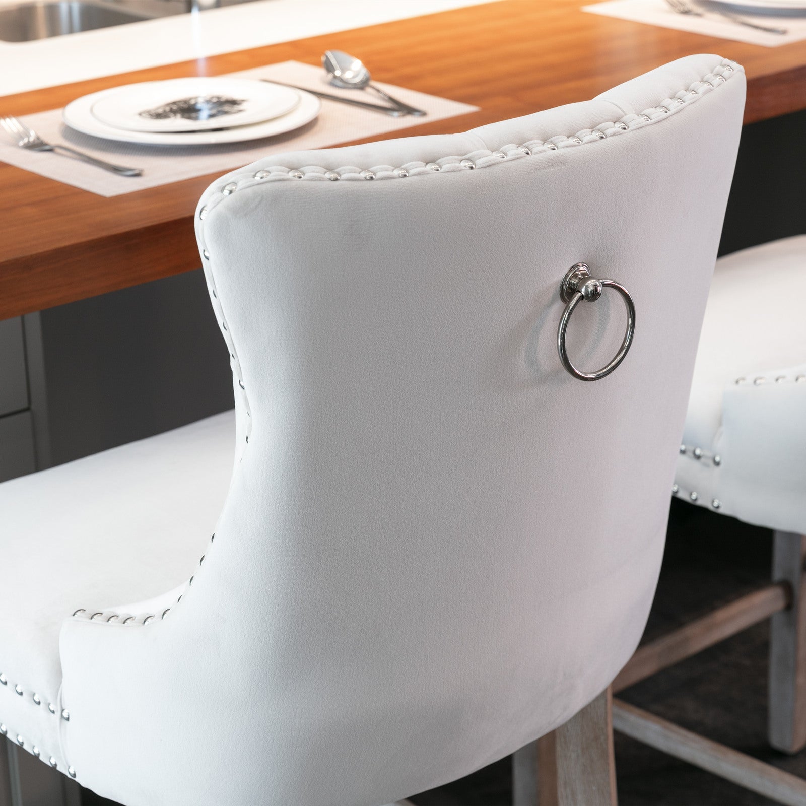 Contemporary Velvet Upholstered Barstools with Button Tufted Decoration and Wooden Legs, and Chrome Nailhead Trim, Leisure Style Bar Chairs,Bar stools, Set of 2 (Beige),SW2002BG - 1st Choice Furniture Direct