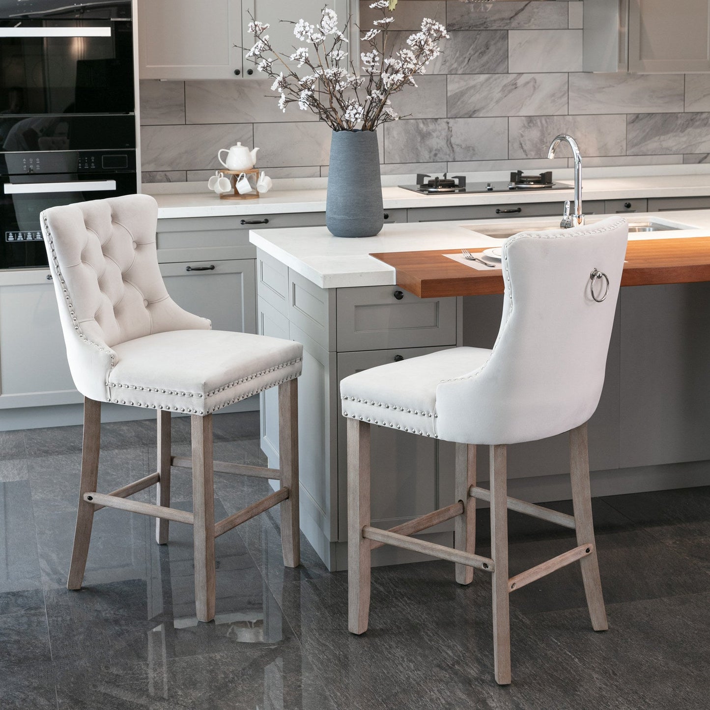 Contemporary Velvet Upholstered Barstools with Button Tufted Decoration and Wooden Legs, and Chrome Nailhead Trim, Leisure Style Bar Chairs,Bar stools, Set of 2 (Beige),SW2002BG - 1st Choice Furniture Direct