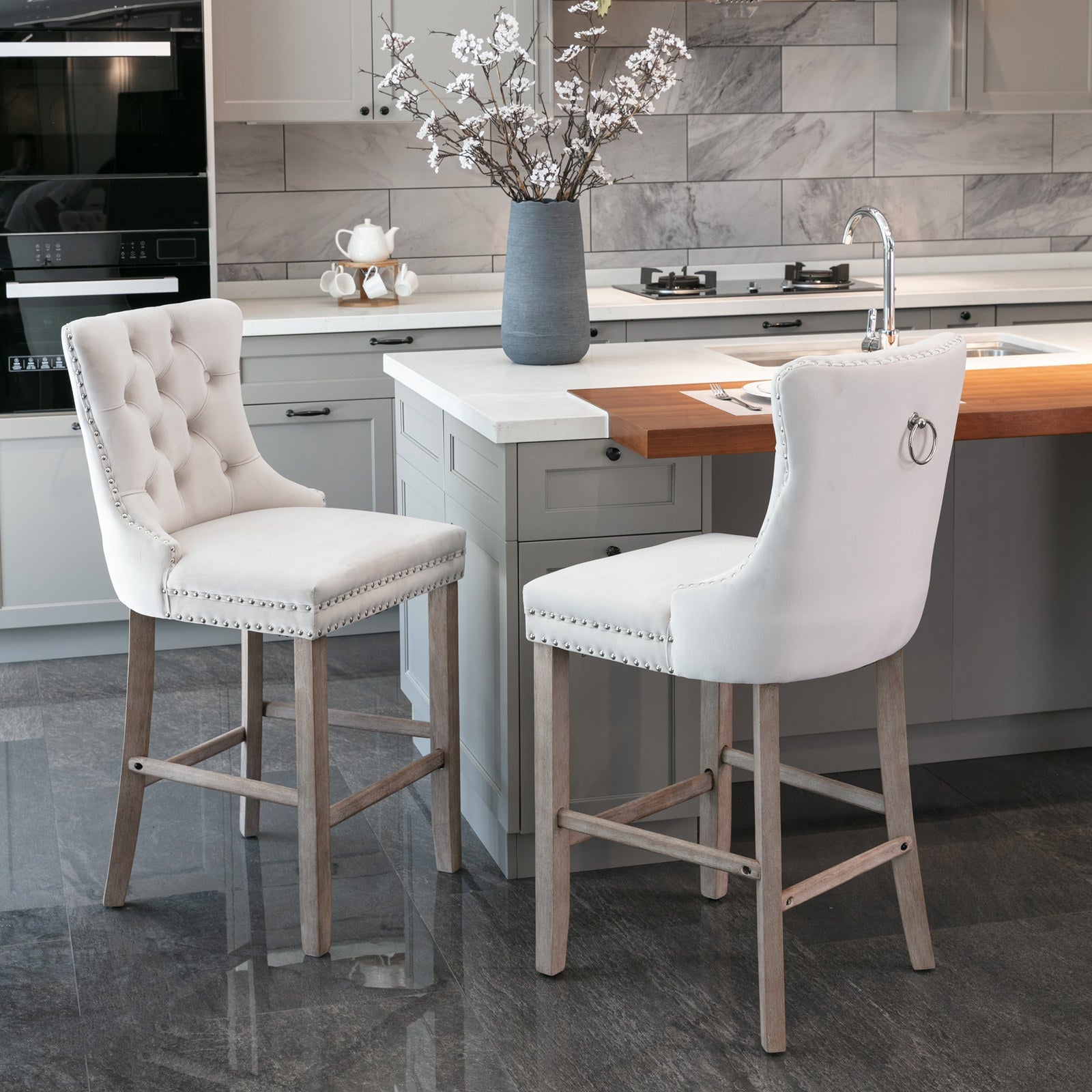 Contemporary Velvet Upholstered Barstools with Button Tufted Decoration and Wooden Legs, and Chrome Nailhead Trim, Leisure Style Bar Chairs,Bar stools, Set of 2 (Beige),SW2002BG - 1st Choice Furniture Direct