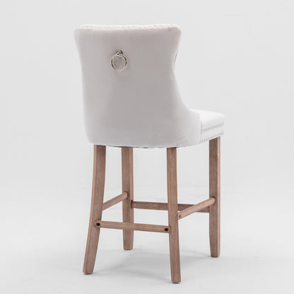Contemporary Velvet Upholstered Barstools with Button Tufted Decoration and Wooden Legs, and Chrome Nailhead Trim, Leisure Style Bar Chairs,Bar stools, Set of 2 (Beige),SW2002BG - 1st Choice Furniture Direct