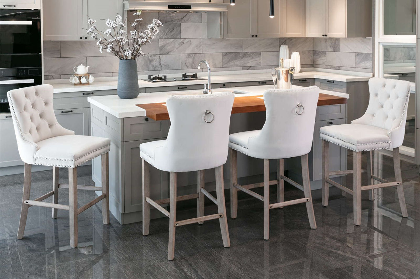 Contemporary Velvet Upholstered Barstools with Button Tufted Decoration and Wooden Legs, and Chrome Nailhead Trim, Leisure Style Bar Chairs,Bar stools, Set of 2 (Beige),SW2002BG - 1st Choice Furniture Direct