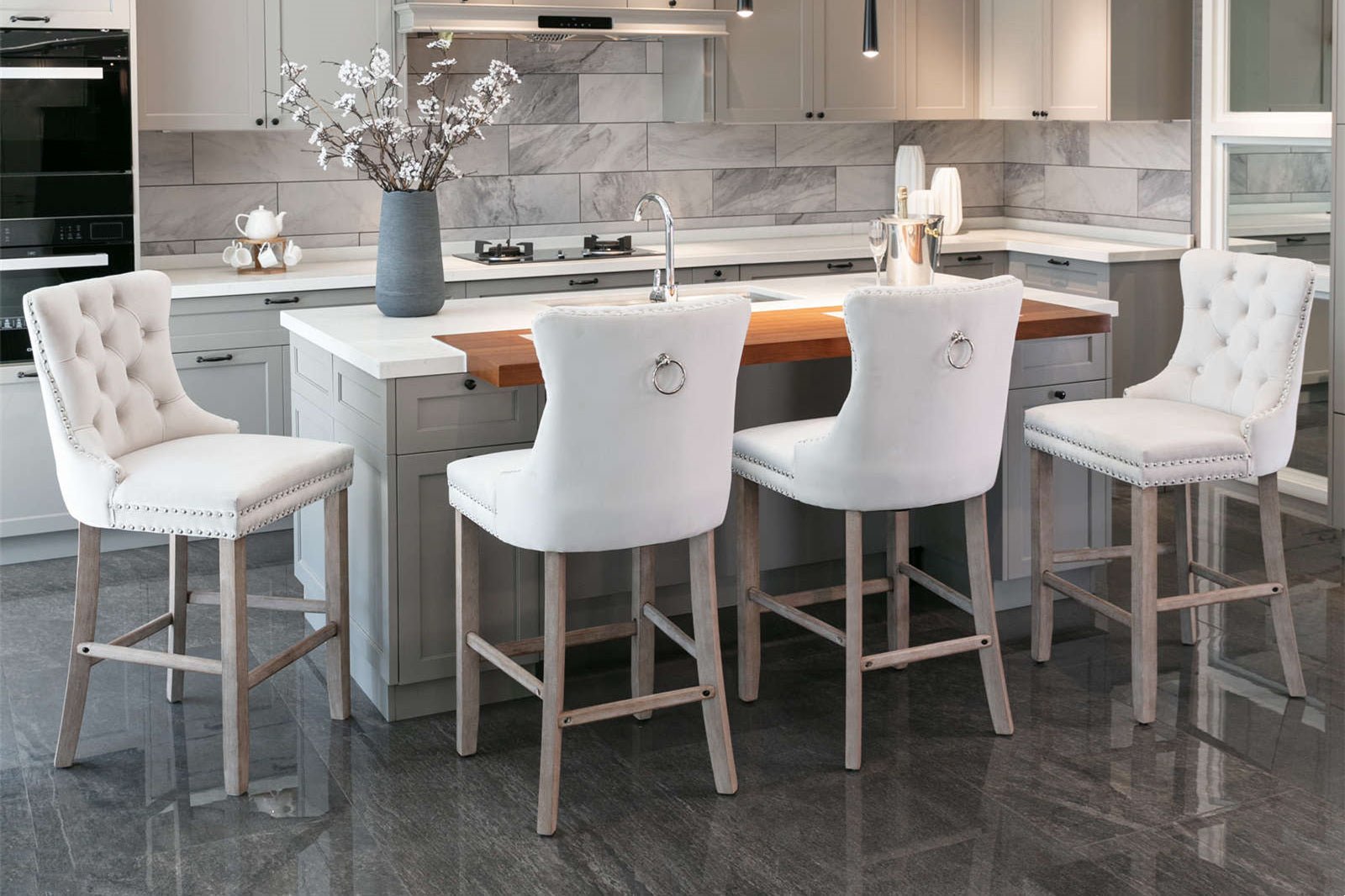 Contemporary Velvet Upholstered Barstools with Button Tufted Decoration and Wooden Legs, and Chrome Nailhead Trim, Leisure Style Bar Chairs,Bar stools, Set of 2 (Beige),SW2002BG - 1st Choice Furniture Direct