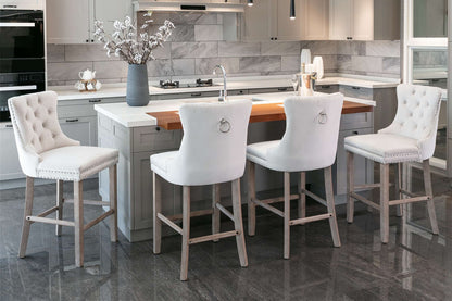 Contemporary Velvet Upholstered Barstools with Button Tufted Decoration and Wooden Legs, and Chrome Nailhead Trim, Leisure Style Bar Chairs,Bar stools, Set of 2 (Beige),SW2002BG - 1st Choice Furniture Direct