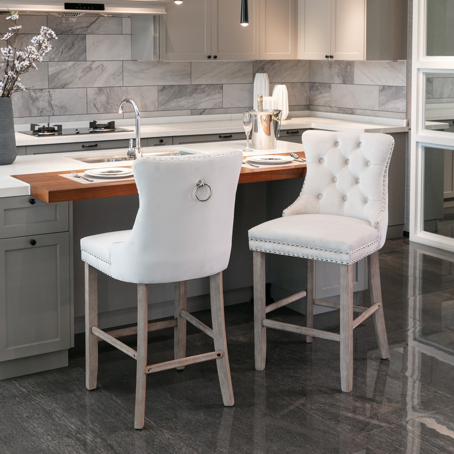 Contemporary Velvet Upholstered Barstools with Button Tufted Decoration and Wooden Legs, and Chrome Nailhead Trim, Leisure Style Bar Chairs,Bar stools, Set of 2 (Beige),SW2002BG - 1st Choice Furniture Direct