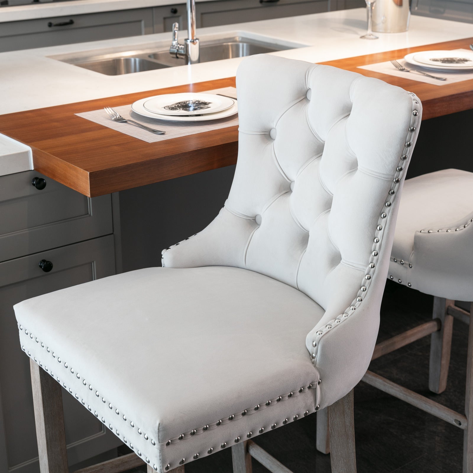 Contemporary Velvet Upholstered Barstools with Button Tufted Decoration and Wooden Legs, and Chrome Nailhead Trim, Leisure Style Bar Chairs,Bar stools, Set of 2 (Beige),SW2002BG - 1st Choice Furniture Direct