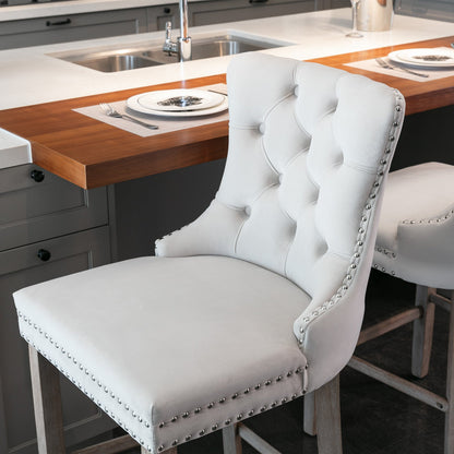 Contemporary Velvet Upholstered Barstools with Button Tufted Decoration and Wooden Legs, and Chrome Nailhead Trim, Leisure Style Bar Chairs,Bar stools, Set of 2 (Beige),SW2002BG - 1st Choice Furniture Direct