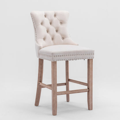 Contemporary Velvet Upholstered Barstools with Button Tufted Decoration and Wooden Legs, and Chrome Nailhead Trim, Leisure Style Bar Chairs,Bar stools, Set of 2 (Beige),SW2002BG - 1st Choice Furniture Direct