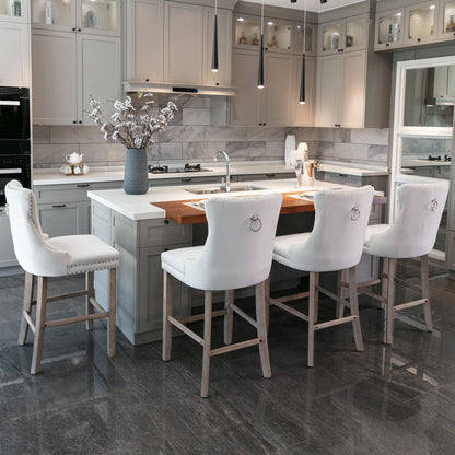 Contemporary Velvet Upholstered Barstools with Button Tufted Decoration and Wooden Legs, and Chrome Nailhead Trim, Leisure Style Bar Chairs,Bar stools, Set of 2 (Beige),SW2002BG - 1st Choice Furniture Direct