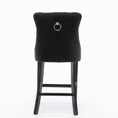 Contemporary Velvet Upholstered Barstools with Button Tufted Decoration and Wooden Legs, and Chrome Nailhead Trim, Leisure Style Bar Chairs,Bar stools, Set of 2 (Black),SW2002BK - 1st Choice Furniture Direct