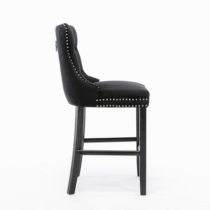 Contemporary Velvet Upholstered Barstools with Button Tufted Decoration and Wooden Legs, and Chrome Nailhead Trim, Leisure Style Bar Chairs,Bar stools, Set of 2 (Black),SW2002BK - 1st Choice Furniture Direct