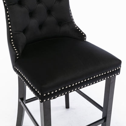 Contemporary Velvet Upholstered Barstools with Button Tufted Decoration and Wooden Legs, and Chrome Nailhead Trim, Leisure Style Bar Chairs,Bar stools, Set of 2 (Black),SW2002BK - 1st Choice Furniture Direct