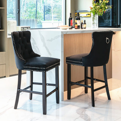 Contemporary Velvet Upholstered Barstools with Button Tufted Decoration and Wooden Legs, and Chrome Nailhead Trim, Leisure Style Bar Chairs,Bar stools, Set of 2 (Black),SW2002BK - 1st Choice Furniture Direct