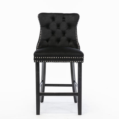 Contemporary Velvet Upholstered Barstools with Button Tufted Decoration and Wooden Legs, and Chrome Nailhead Trim, Leisure Style Bar Chairs,Bar stools, Set of 2 (Black),SW2002BK - 1st Choice Furniture Direct