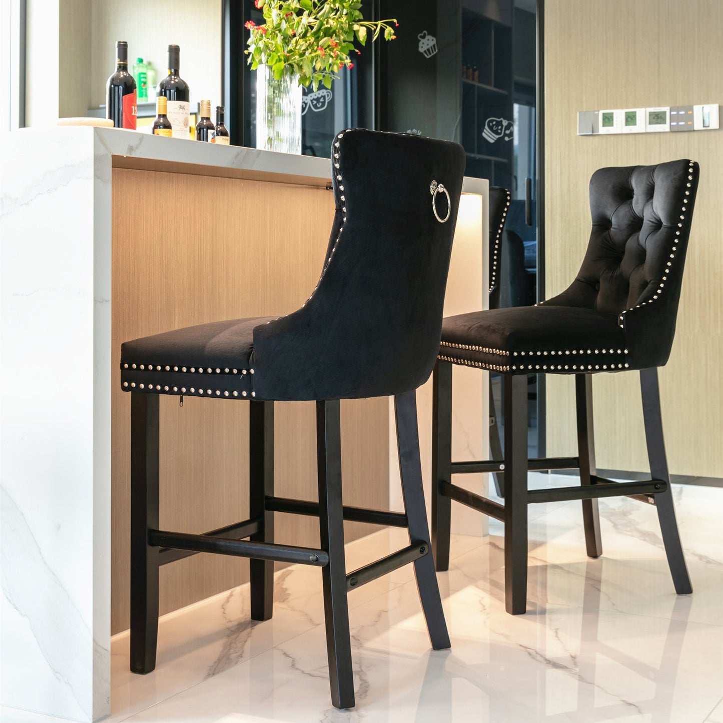 Contemporary Velvet Upholstered Barstools with Button Tufted Decoration and Wooden Legs, and Chrome Nailhead Trim, Leisure Style Bar Chairs,Bar stools, Set of 2 (Black),SW2002BK - 1st Choice Furniture Direct
