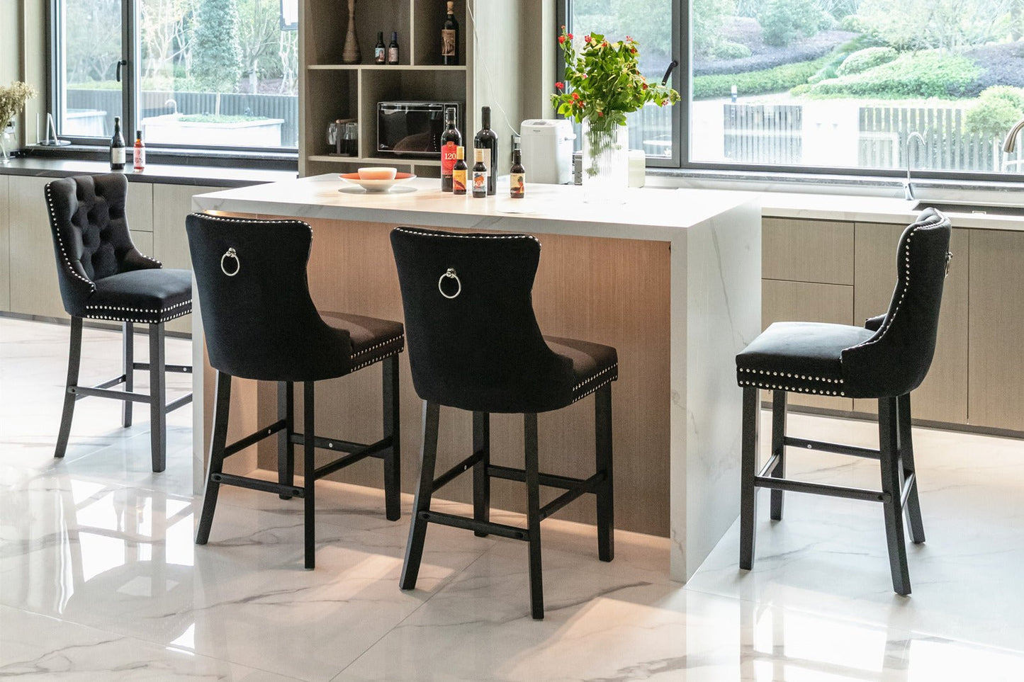 Contemporary Velvet Upholstered Barstools with Button Tufted Decoration and Wooden Legs, and Chrome Nailhead Trim, Leisure Style Bar Chairs,Bar stools, Set of 2 (Black),SW2002BK - 1st Choice Furniture Direct