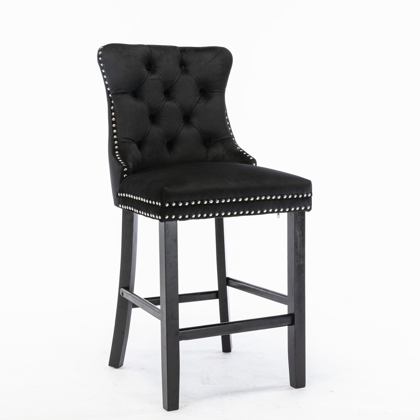 Contemporary Velvet Upholstered Barstools with Button Tufted Decoration and Wooden Legs, and Chrome Nailhead Trim, Leisure Style Bar Chairs,Bar stools, Set of 2 (Black),SW2002BK - 1st Choice Furniture Direct