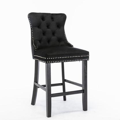 Contemporary Velvet Upholstered Barstools with Button Tufted Decoration and Wooden Legs, and Chrome Nailhead Trim, Leisure Style Bar Chairs,Bar stools, Set of 2 (Black),SW2002BK - 1st Choice Furniture Direct