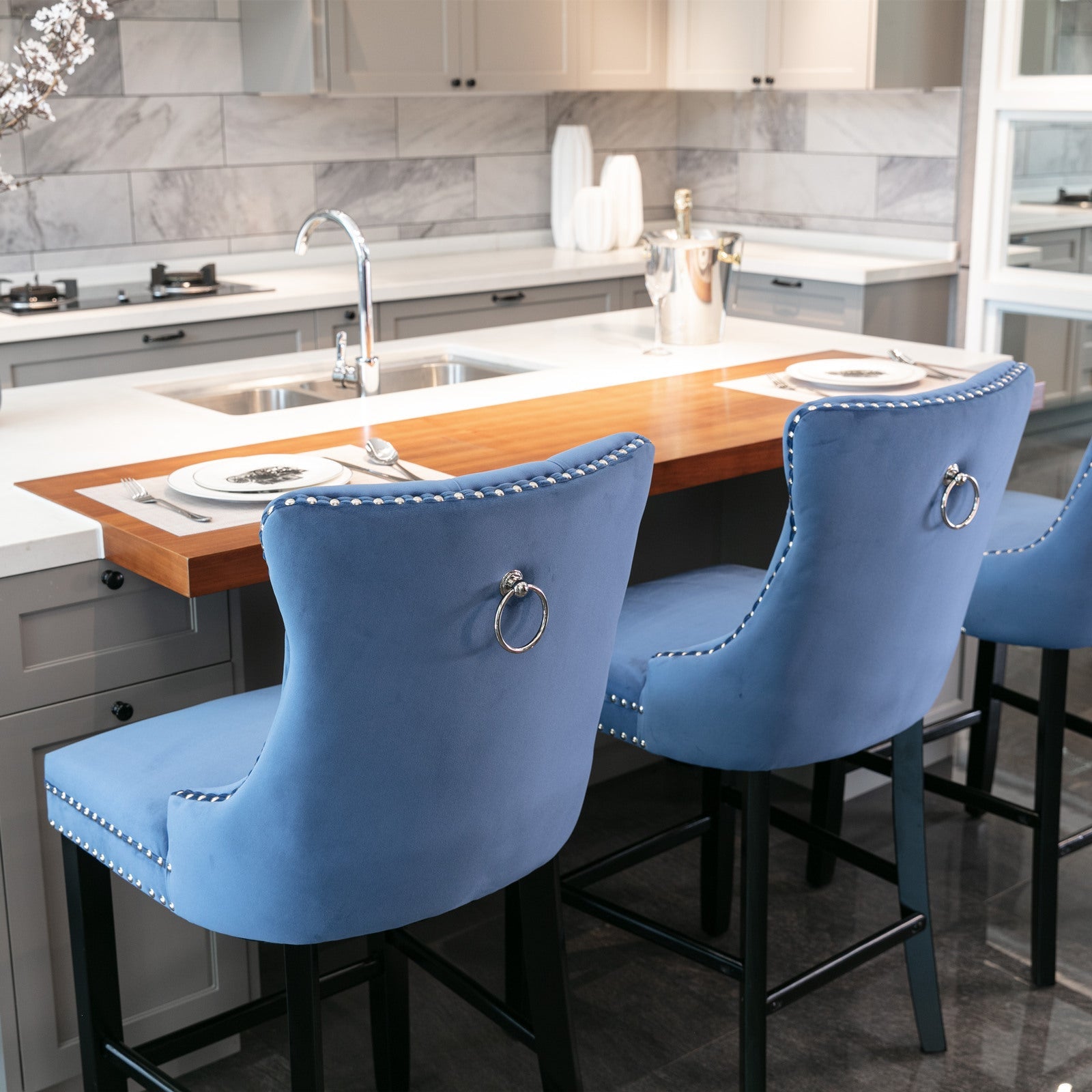 Contemporary Velvet Upholstered Barstools with Button Tufted Decoration and Wooden Legs, and Chrome Nailhead Trim, Leisure Style Bar Chairs,Bar stools, Set of 2 (Blue),SW2002BL - 1st Choice Furniture Direct