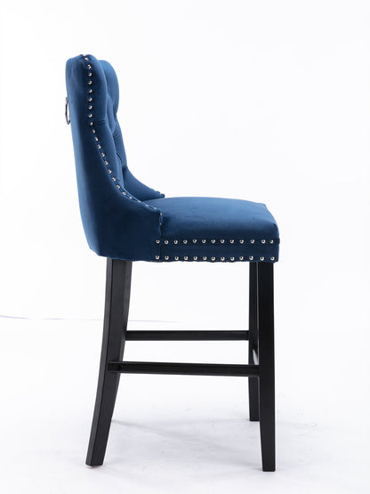 Contemporary Velvet Upholstered Barstools with Button Tufted Decoration and Wooden Legs, and Chrome Nailhead Trim, Leisure Style Bar Chairs,Bar stools, Set of 2 (Blue),SW2002BL - 1st Choice Furniture Direct
