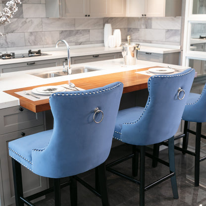 Contemporary Velvet Upholstered Barstools with Button Tufted Decoration and Wooden Legs, and Chrome Nailhead Trim, Leisure Style Bar Chairs,Bar stools, Set of 2 (Blue),SW2002BL - 1st Choice Furniture Direct