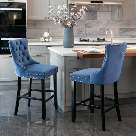 Contemporary Velvet Upholstered Barstools with Button Tufted Decoration and Wooden Legs, and Chrome Nailhead Trim, Leisure Style Bar Chairs,Bar stools, Set of 2 (Blue),SW2002BL - 1st Choice Furniture Direct