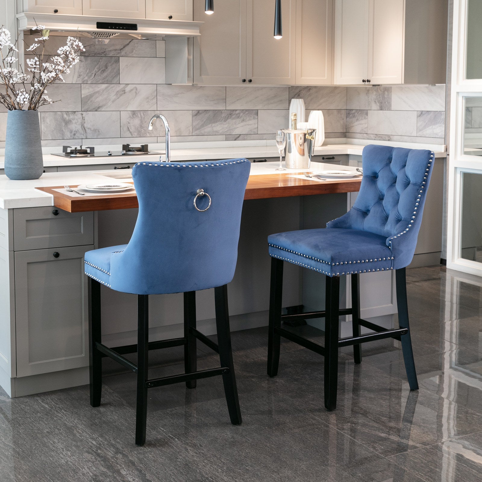 Contemporary Velvet Upholstered Barstools with Button Tufted Decoration and Wooden Legs, and Chrome Nailhead Trim, Leisure Style Bar Chairs,Bar stools, Set of 2 (Blue),SW2002BL - 1st Choice Furniture Direct