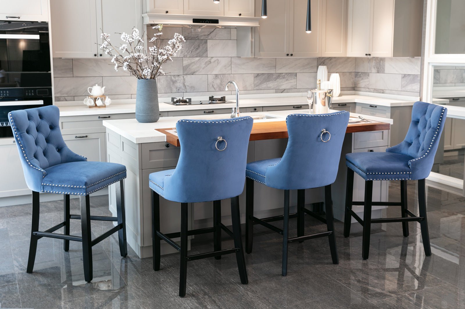 Contemporary Velvet Upholstered Barstools with Button Tufted Decoration and Wooden Legs, and Chrome Nailhead Trim, Leisure Style Bar Chairs,Bar stools, Set of 2 (Blue),SW2002BL - 1st Choice Furniture Direct