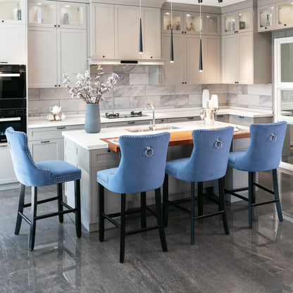 Contemporary Velvet Upholstered Barstools with Button Tufted Decoration and Wooden Legs, and Chrome Nailhead Trim, Leisure Style Bar Chairs,Bar stools, Set of 2 (Blue),SW2002BL - 1st Choice Furniture Direct