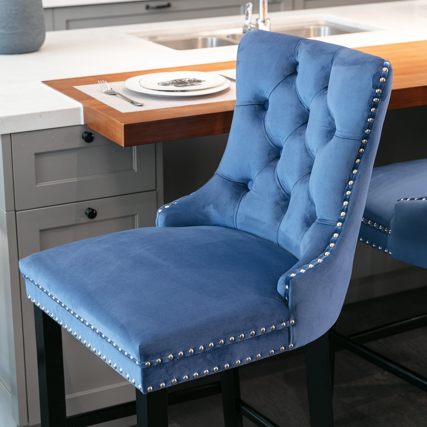 Contemporary Velvet Upholstered Barstools with Button Tufted Decoration and Wooden Legs, and Chrome Nailhead Trim, Leisure Style Bar Chairs,Bar stools, Set of 2 (Blue),SW2002BL - 1st Choice Furniture Direct
