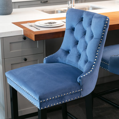 Contemporary Velvet Upholstered Barstools with Button Tufted Decoration and Wooden Legs, and Chrome Nailhead Trim, Leisure Style Bar Chairs,Bar stools, Set of 2 (Blue),SW2002BL - 1st Choice Furniture Direct