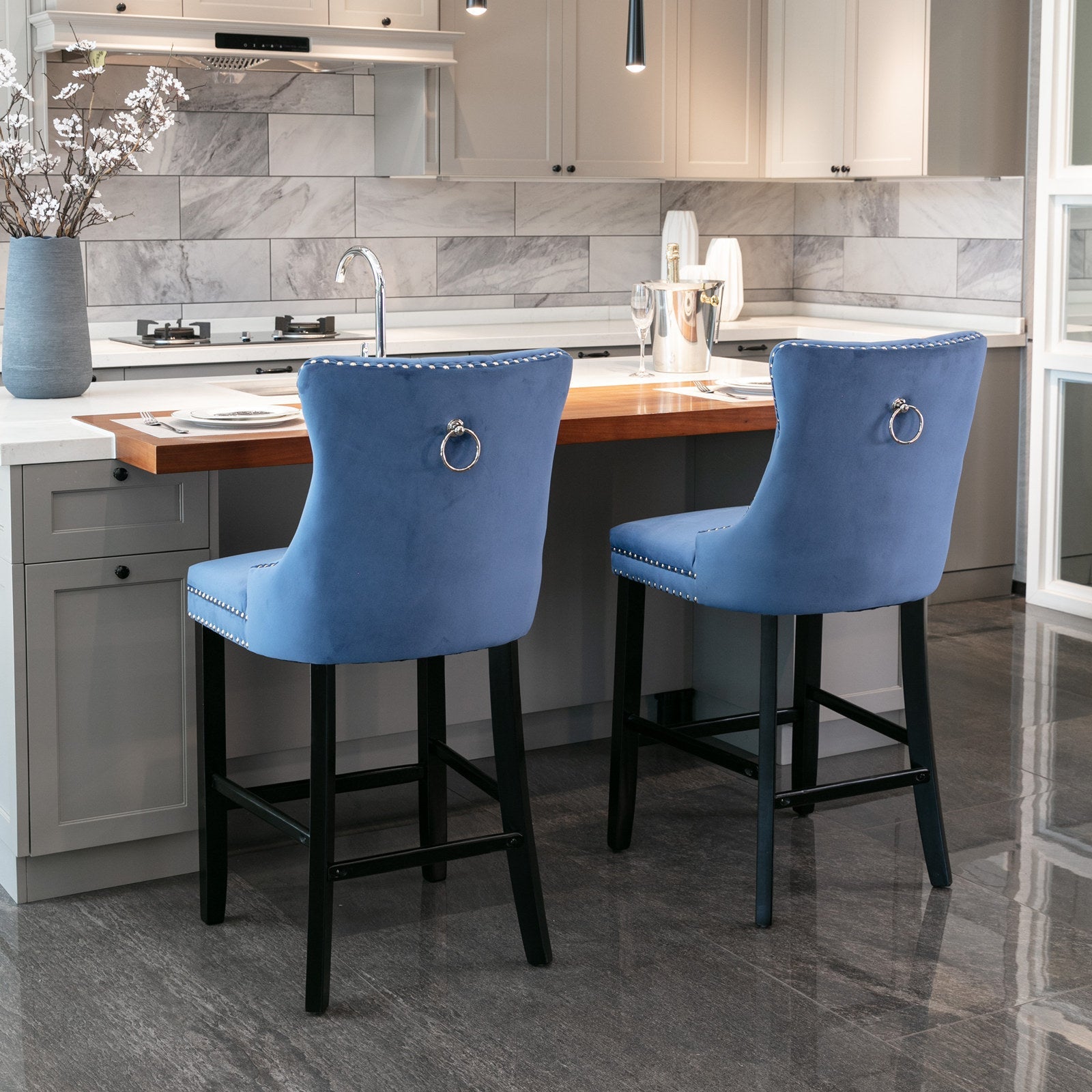 Contemporary Velvet Upholstered Barstools with Button Tufted Decoration and Wooden Legs, and Chrome Nailhead Trim, Leisure Style Bar Chairs,Bar stools, Set of 2 (Blue),SW2002BL - 1st Choice Furniture Direct