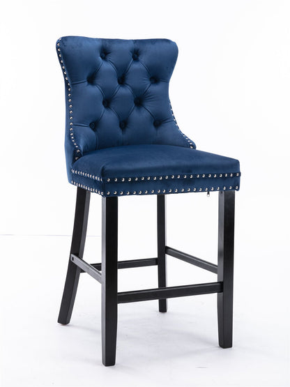 Contemporary Velvet Upholstered Barstools with Button Tufted Decoration and Wooden Legs, and Chrome Nailhead Trim, Leisure Style Bar Chairs,Bar stools, Set of 2 (Blue),SW2002BL - 1st Choice Furniture Direct