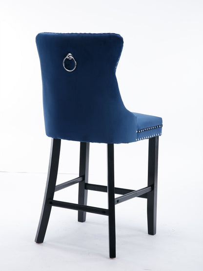 Contemporary Velvet Upholstered Barstools with Button Tufted Decoration and Wooden Legs, and Chrome Nailhead Trim, Leisure Style Bar Chairs,Bar stools, Set of 2 (Blue),SW2002BL - 1st Choice Furniture Direct