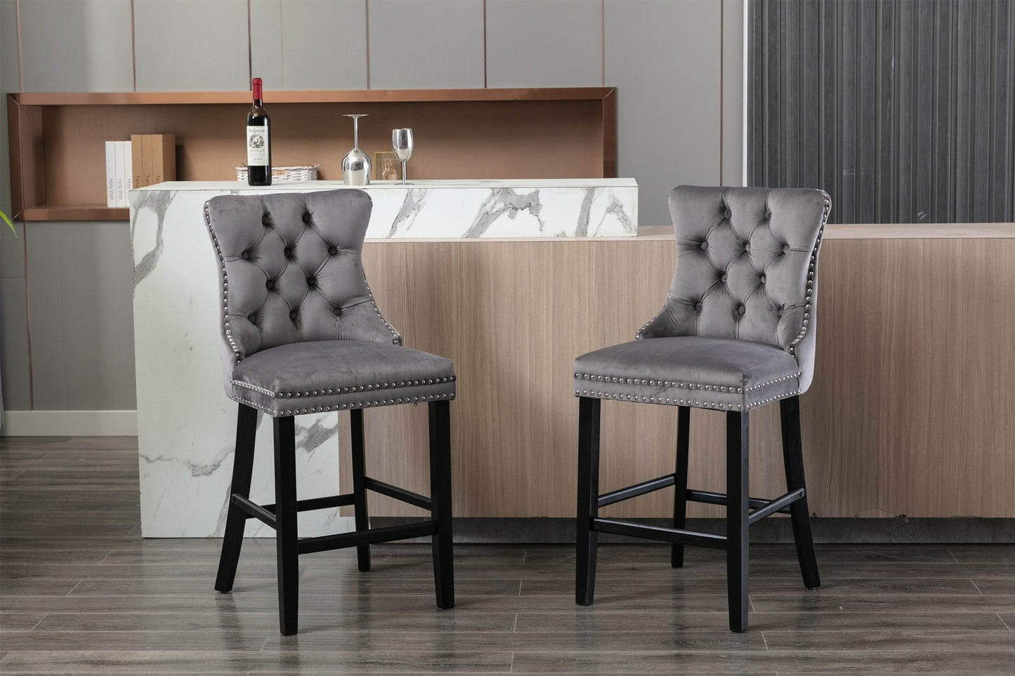 Contemporary Velvet Upholstered Barstools with Button Tufted Decoration and Wooden Legs, and Chrome Nailhead Trim, Leisure Style Bar Chairs,Bar stools, Set of 2 (Gray),SW1902GY - 1st Choice Furniture Direct