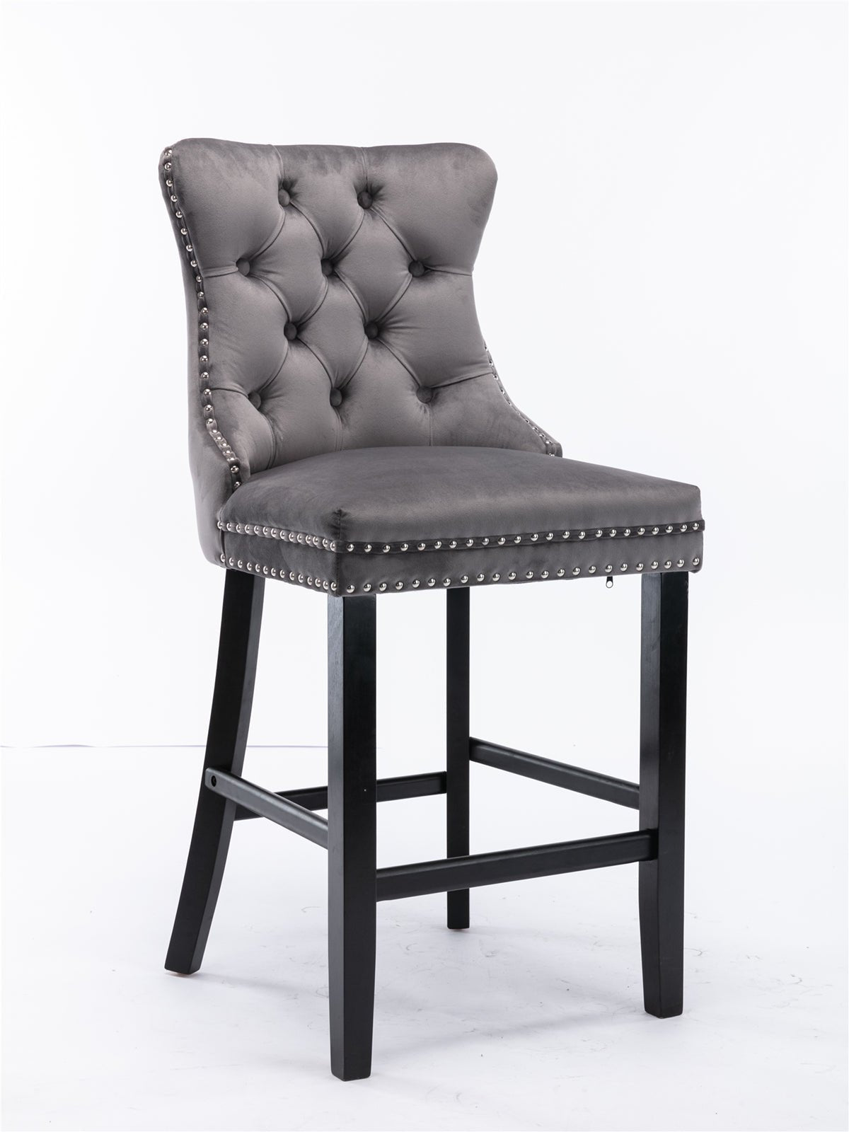 Contemporary Velvet Upholstered Barstools with Button Tufted Decoration and Wooden Legs, and Chrome Nailhead Trim, Leisure Style Bar Chairs,Bar stools, Set of 2 (Gray),SW1902GY - 1st Choice Furniture Direct