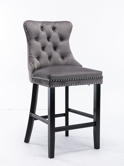 Contemporary Velvet Upholstered Barstools with Button Tufted Decoration and Wooden Legs, and Chrome Nailhead Trim, Leisure Style Bar Chairs,Bar stools, Set of 2 (Gray),SW1902GY - 1st Choice Furniture Direct