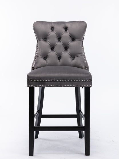 Contemporary Velvet Upholstered Barstools with Button Tufted Decoration and Wooden Legs, and Chrome Nailhead Trim, Leisure Style Bar Chairs,Bar stools, Set of 2 (Gray),SW1902GY - 1st Choice Furniture Direct