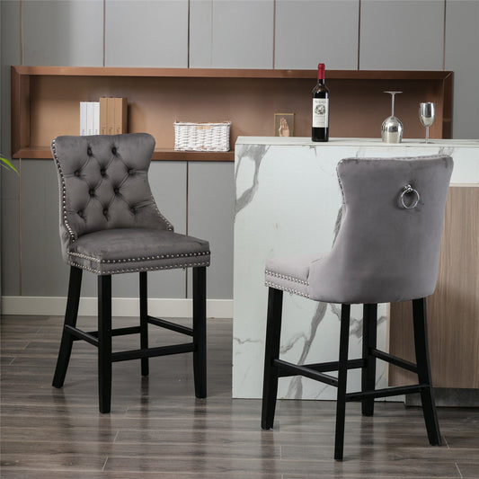 Contemporary Velvet Upholstered Barstools with Button Tufted Decoration and Wooden Legs, and Chrome Nailhead Trim, Leisure Style Bar Chairs,Bar stools, Set of 2 (Gray),SW1902GY - 1st Choice Furniture Direct