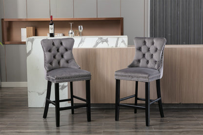 Contemporary Velvet Upholstered Barstools with Button Tufted Decoration and Wooden Legs, and Chrome Nailhead Trim, Leisure Style Bar Chairs,Bar stools, Set of 2 (Gray),SW1902GY - 1st Choice Furniture Direct