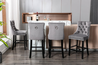 Contemporary Velvet Upholstered Barstools with Button Tufted Decoration and Wooden Legs, and Chrome Nailhead Trim, Leisure Style Bar Chairs,Bar stools, Set of 2 (Gray),SW1902GY - 1st Choice Furniture Direct