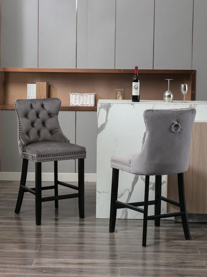 Contemporary Velvet Upholstered Barstools with Button Tufted Decoration and Wooden Legs, and Chrome Nailhead Trim, Leisure Style Bar Chairs,Bar stools, Set of 2 (Gray),SW1902GY - 1st Choice Furniture Direct