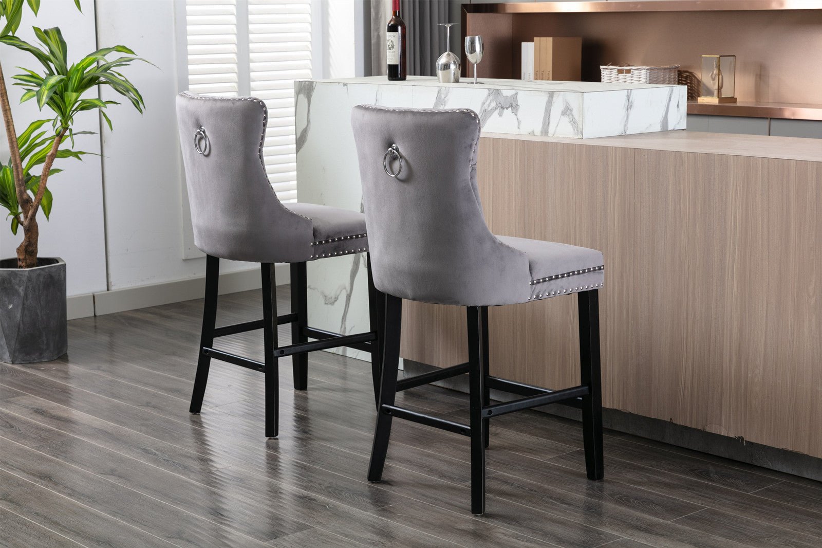 Contemporary Velvet Upholstered Barstools with Button Tufted Decoration and Wooden Legs, and Chrome Nailhead Trim, Leisure Style Bar Chairs,Bar stools, Set of 2 (Gray),SW1902GY - 1st Choice Furniture Direct