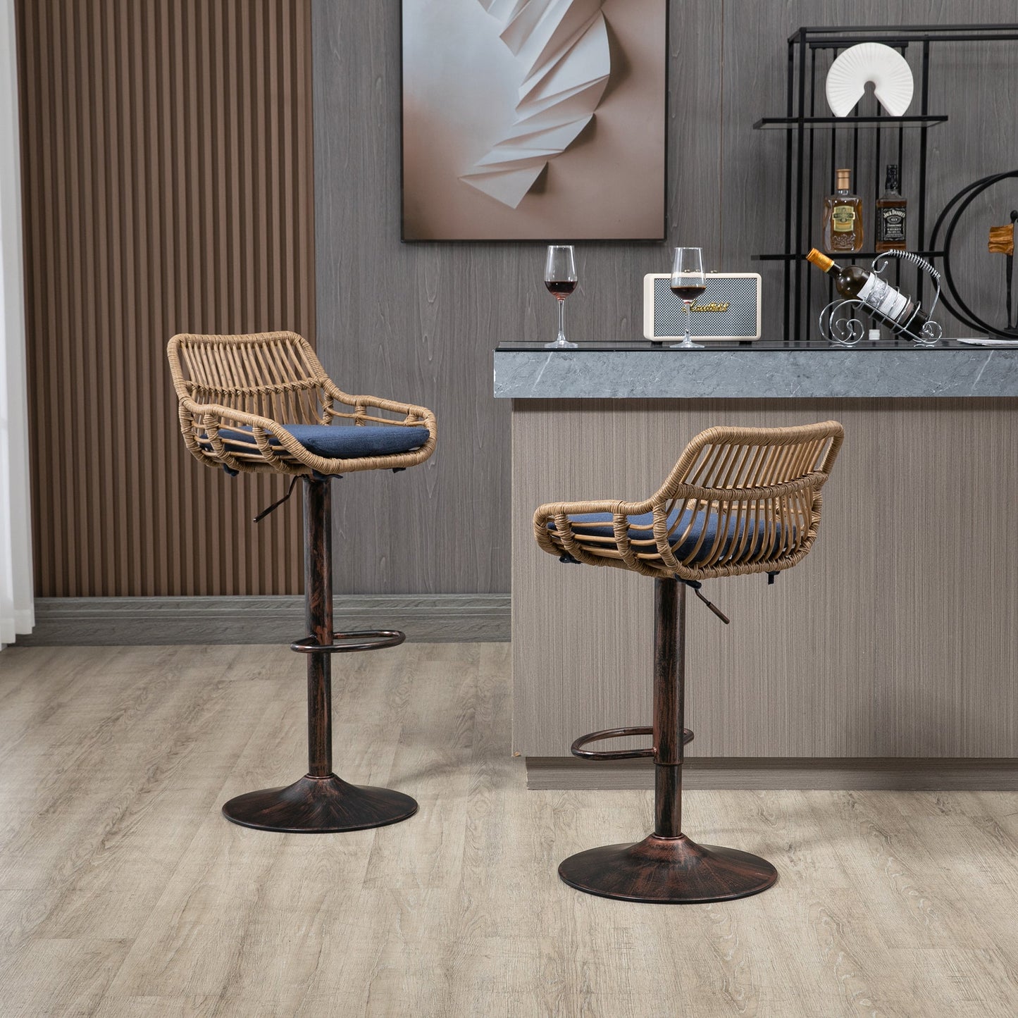 COOLMORE Modern Swivel Bar Stools Set of 2 Adjustable Counter Height Chairs with Footrest Blue Linen - 1st Choice Furniture Direct