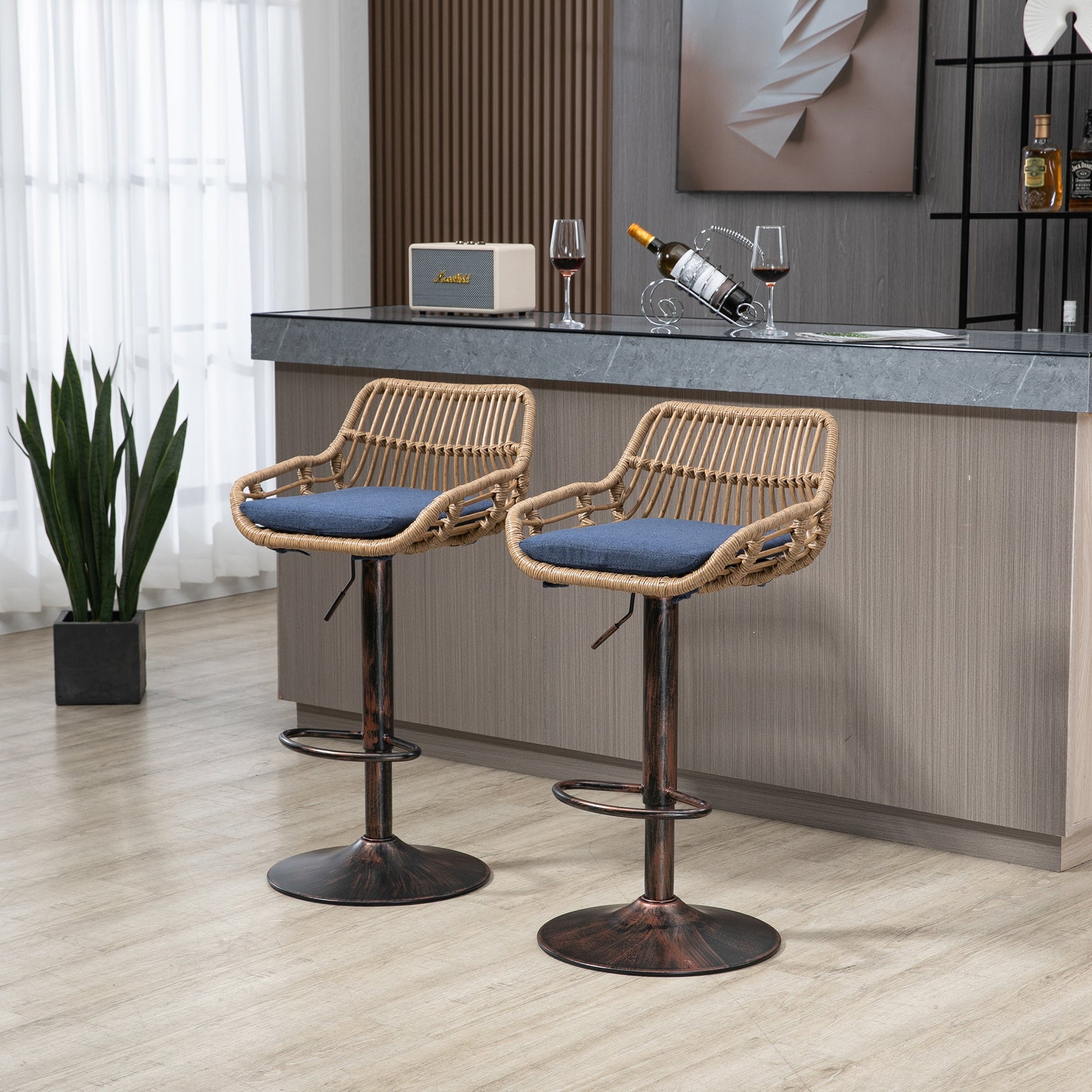 COOLMORE Modern Swivel Bar Stools Set of 2 Adjustable Counter Height Chairs with Footrest Blue Linen - 1st Choice Furniture Direct