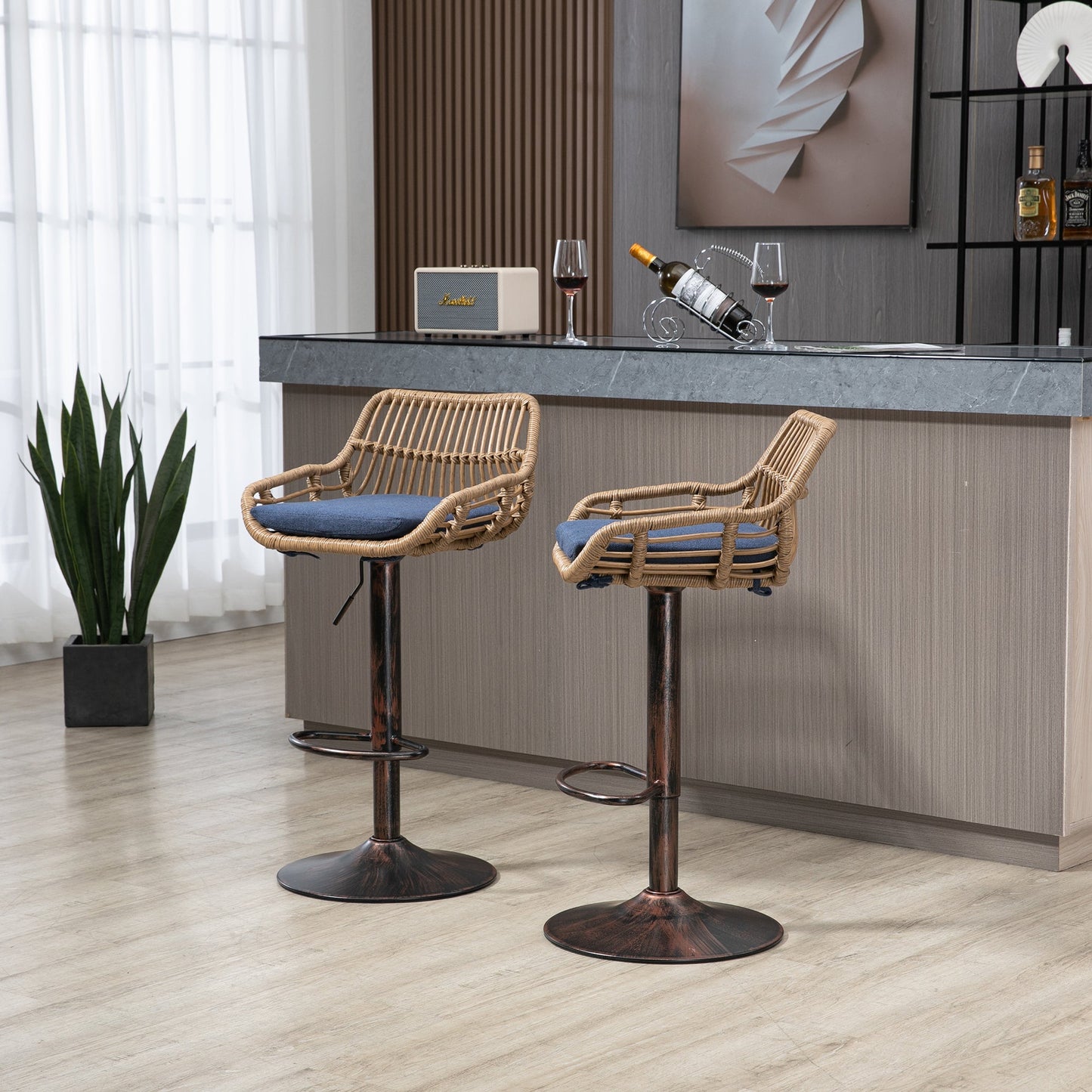 COOLMORE Modern Swivel Bar Stools Set of 2 Adjustable Counter Height Chairs with Footrest Blue Linen - 1st Choice Furniture Direct