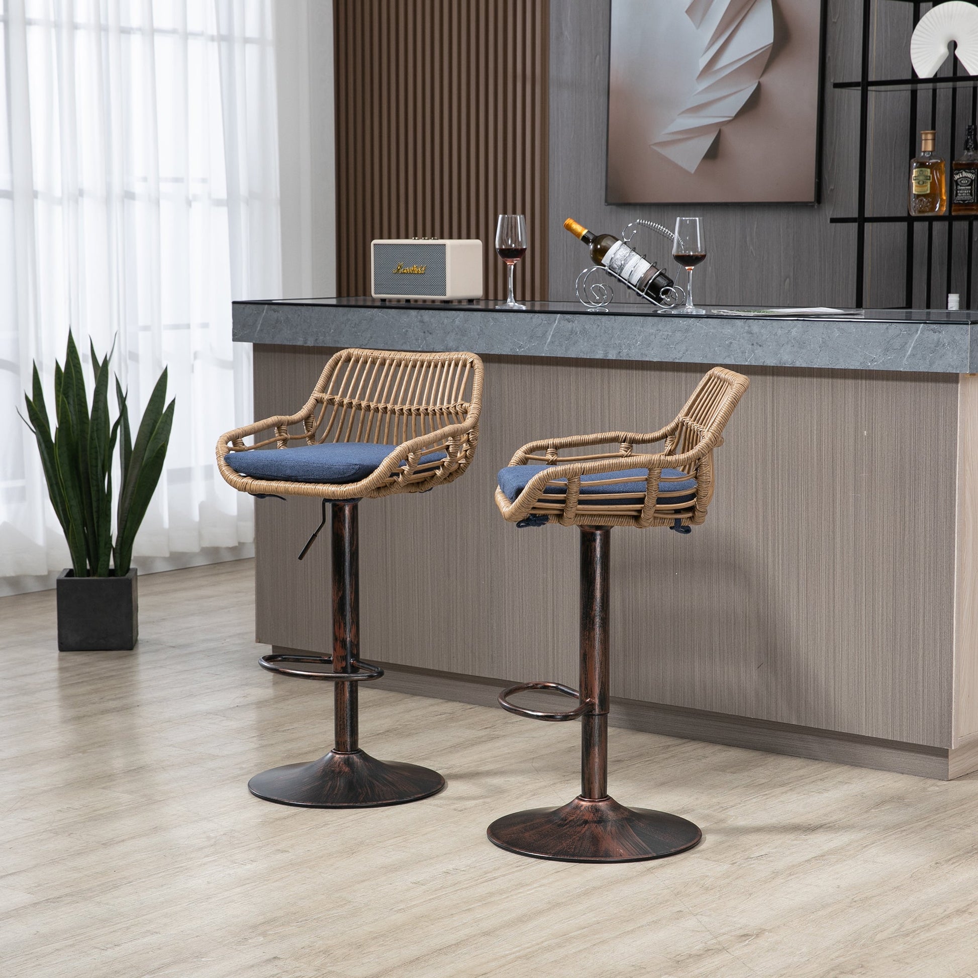 COOLMORE Modern Swivel Bar Stools Set of 2 Adjustable Counter Height Chairs with Footrest Blue Linen - 1st Choice Furniture Direct