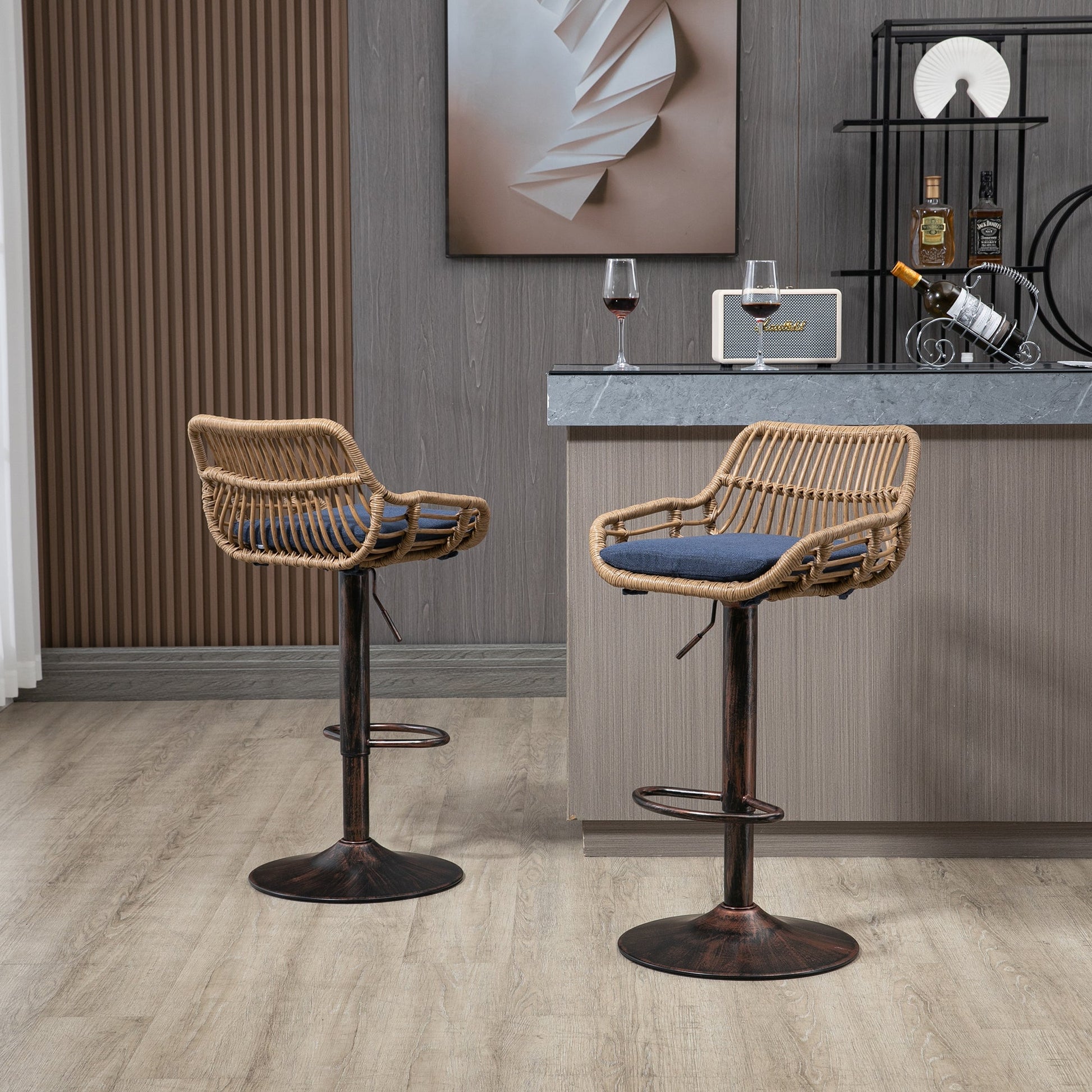 COOLMORE Modern Swivel Bar Stools Set of 2 Adjustable Counter Height Chairs with Footrest Blue Linen - 1st Choice Furniture Direct