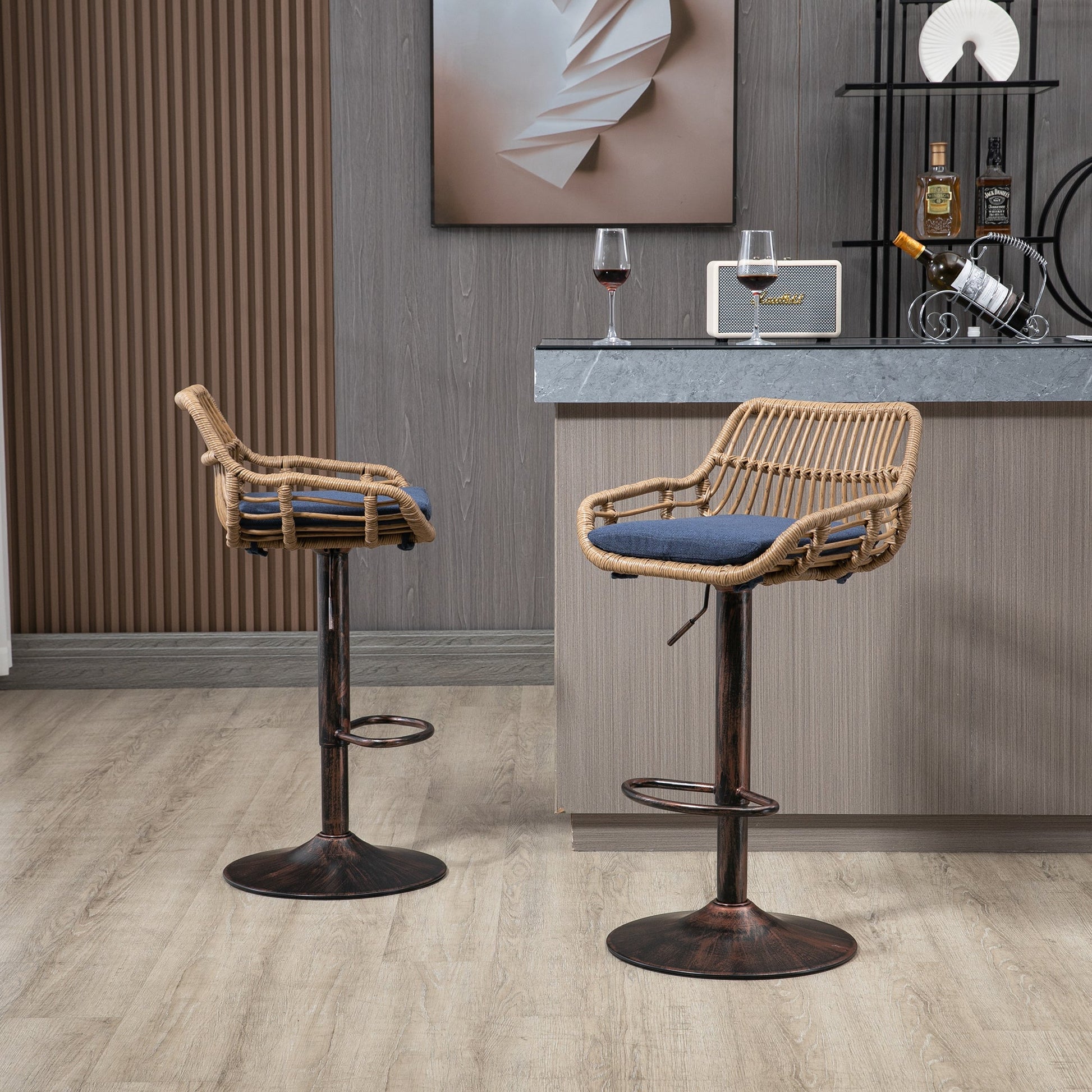 COOLMORE Modern Swivel Bar Stools Set of 2 Adjustable Counter Height Chairs with Footrest Blue Linen - 1st Choice Furniture Direct